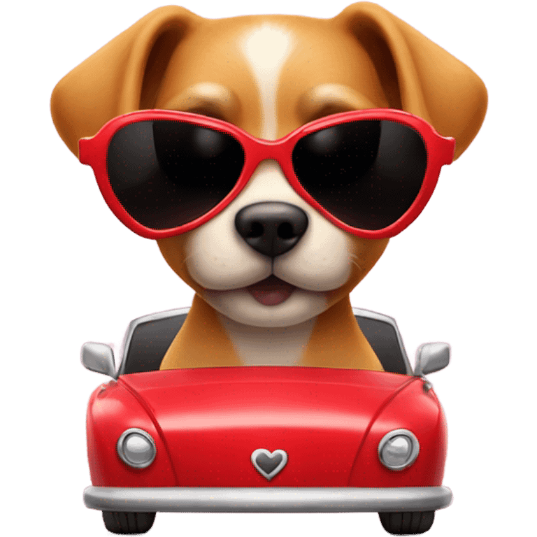 Dog with heart sunglasses and riding in a red car emoji