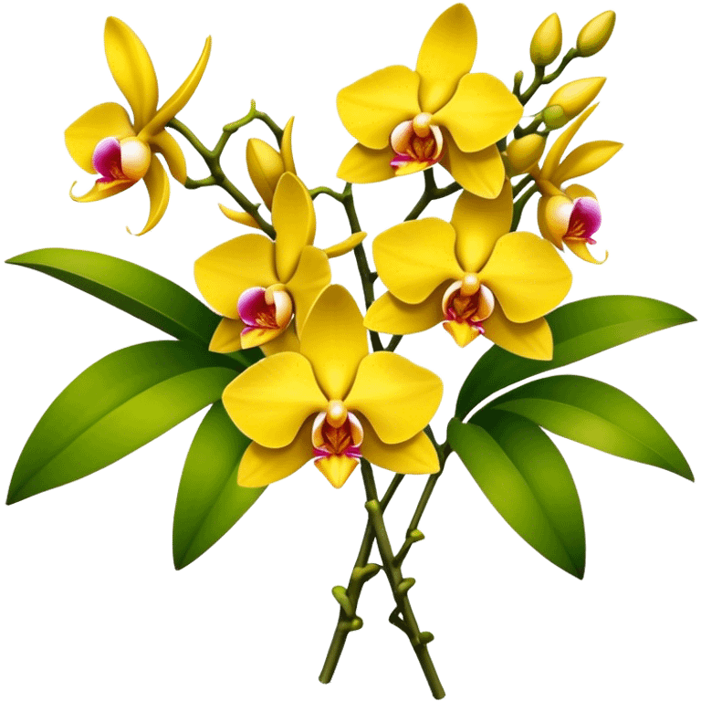 big bouquet yellow Dendrobium Orchid, stem, leaf emoji