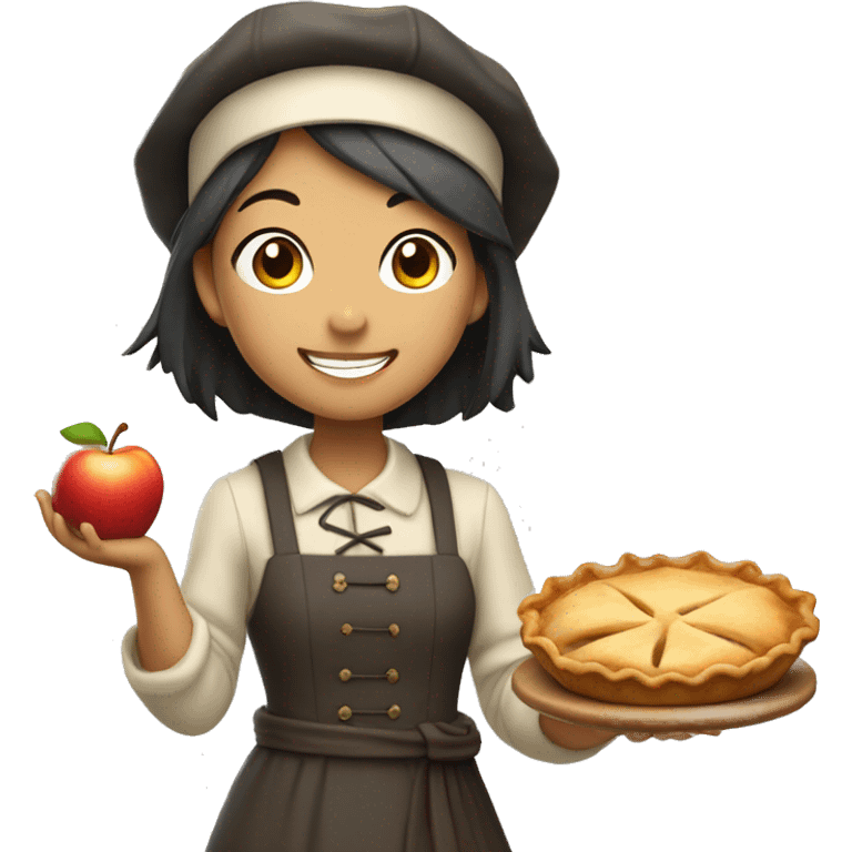 A cute pilgrim asian girl holding a steaming apple pie with a proud smile. emoji