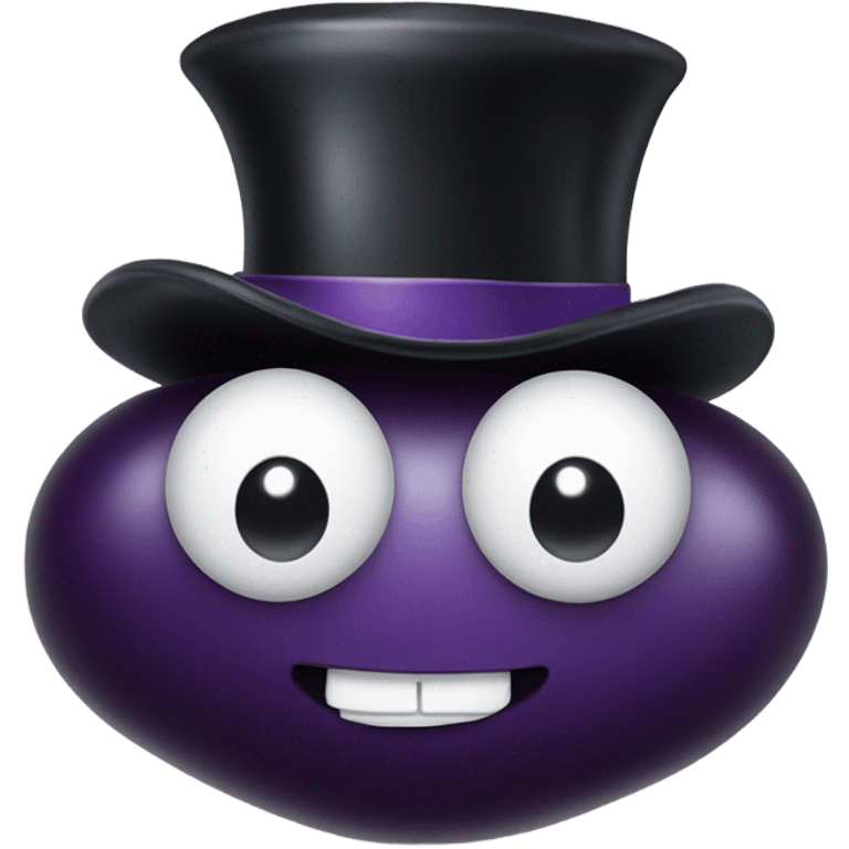 Eggplant with a top hat and a face with white stuff coming off it emoji