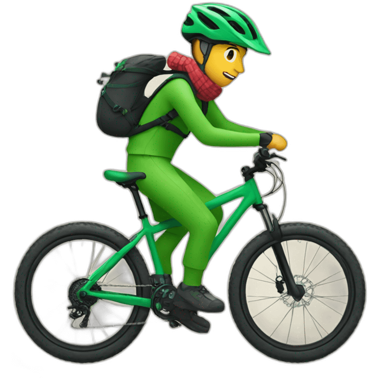 mountain biker with a green bicycle, with a scarf and hat. emoji