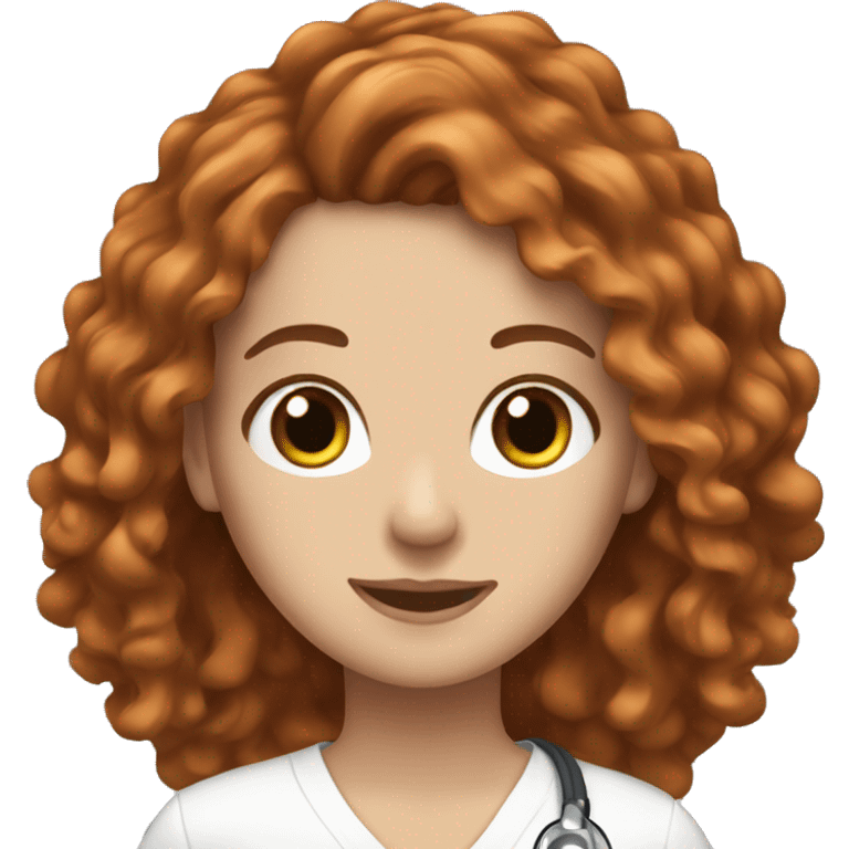 white girl. long curly auburn hair. Scrubs.  emoji