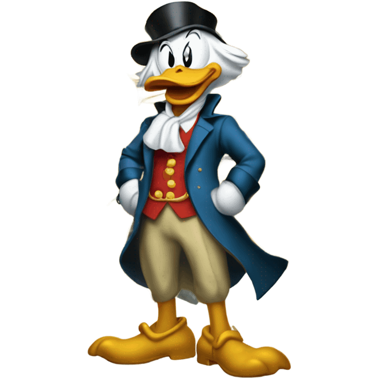 a slim successful looking scrooge mcduck standing atop a pile of money emoji