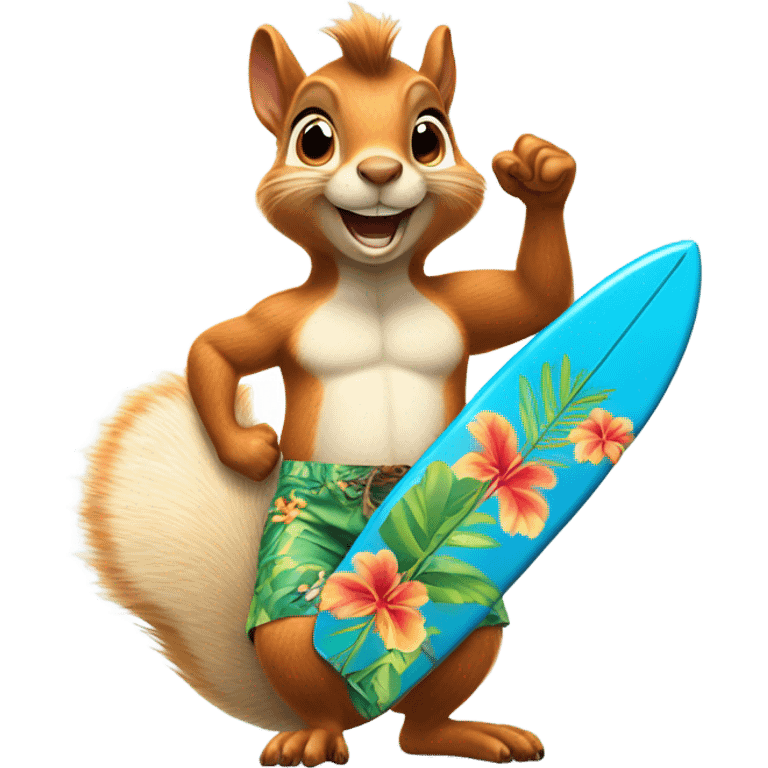 Squirrel surfing in crazy Hawaiian shorts while giving the thumbs up emoji