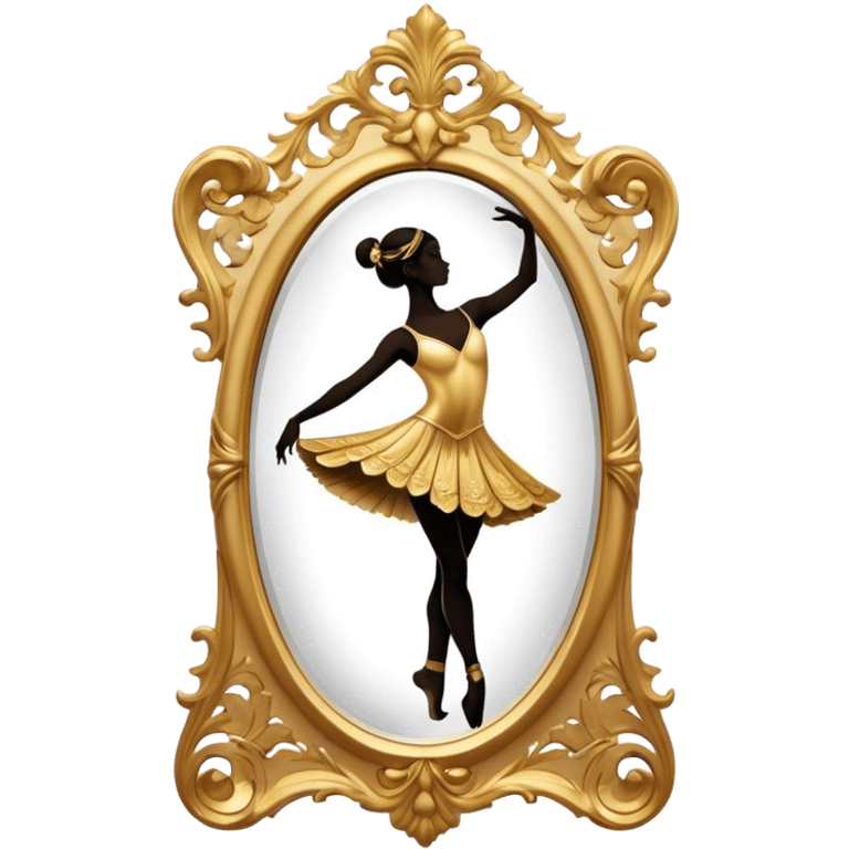 Cinematic Realistic Mirror, a large, ornate mirror reflecting a dancer’s poised silhouette, soft golden light creating depth, slight smudges on the glass adding realism, glowing with a timeless and artistic presence. emoji