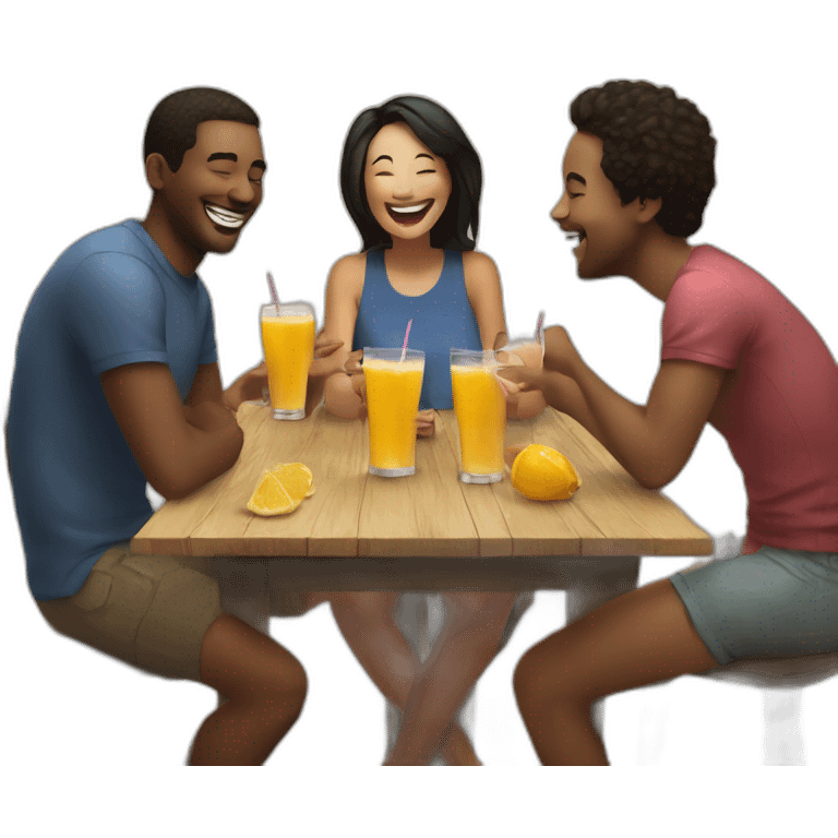 3 people laughing around a table with drinks on it emoji