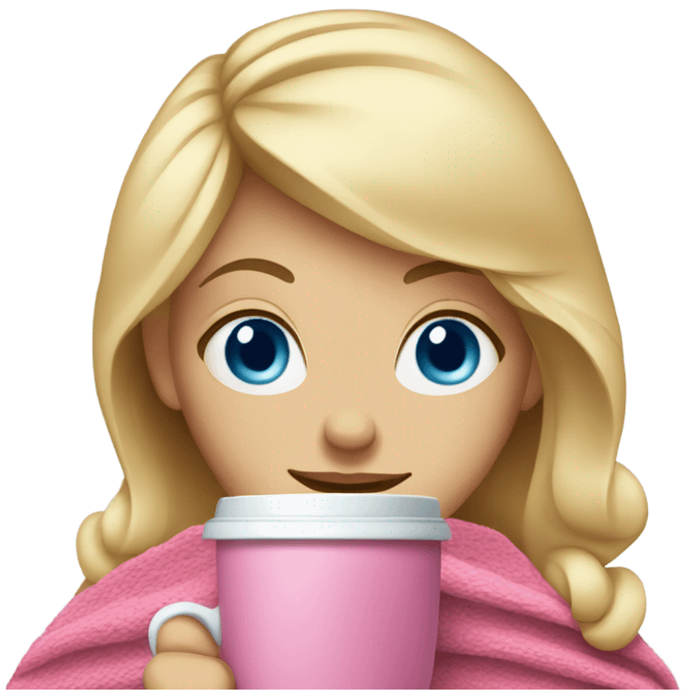 a blonde girl with blue eyes drinking coffee with a pink blanket around her shoulders emoji