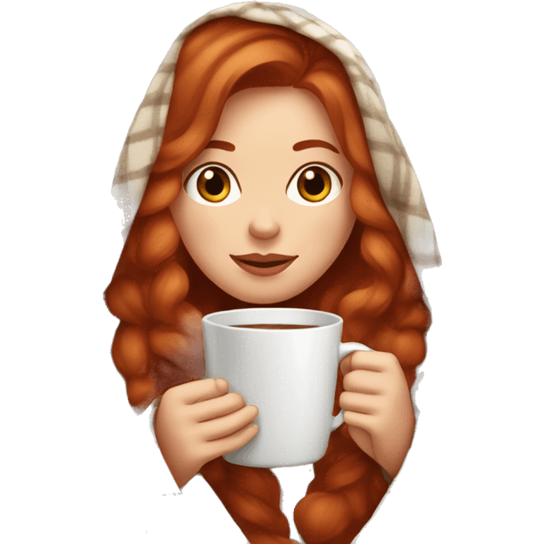 Pretty redhead woman wrapped in a blanket drinking hot chocolate emoji