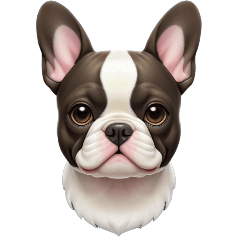 Cinematic Noble Pied French Bulldog Portrait Emoji, Radiating regal yet playful charm, with a distinctive pied fur of contrasting hues and a sculpted, expressive face featuring gentle, wise eyes and a confident stance, simplified yet artistically detailed, glowing with a soft, sophisticated radiance, high shine, exuding intelligent nobility and refined flair, soft glowing outline, capturing the essence of a noble Pied French Bulldog that embodies both strength and grace! emoji