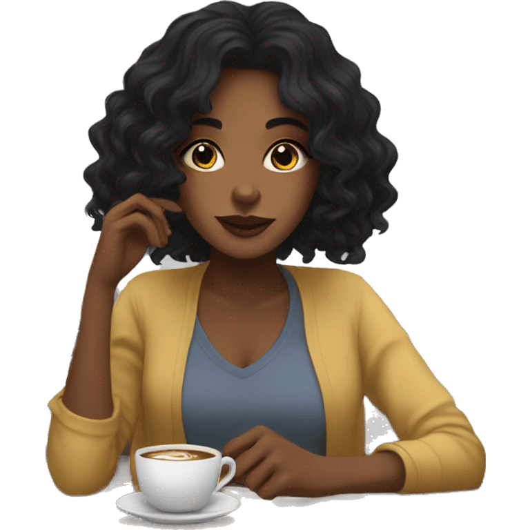 aesthetic girl with black wavy hair sipping coffee in a cute coffee shop  emoji