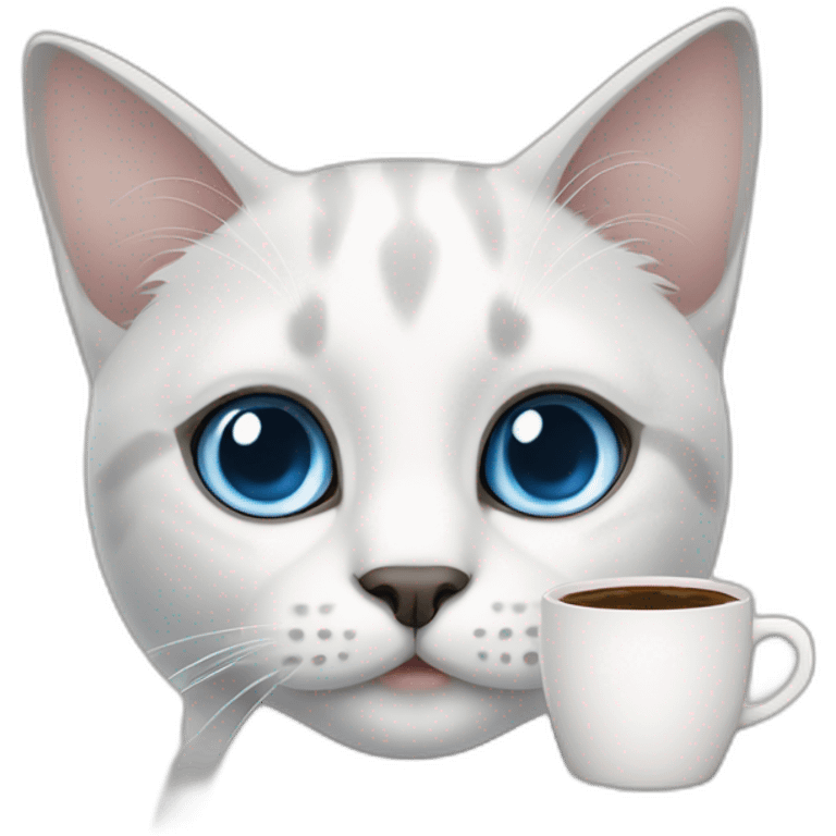 White grey-point blue eyes cat with coffee emoji