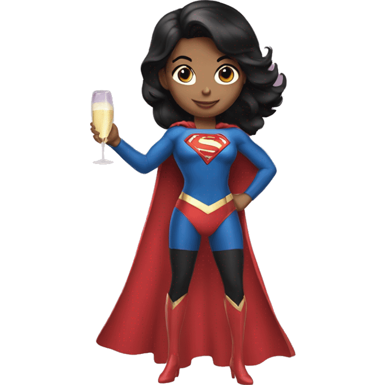 girl in a superwoman costume with black hair holding a champagne bottle emoji