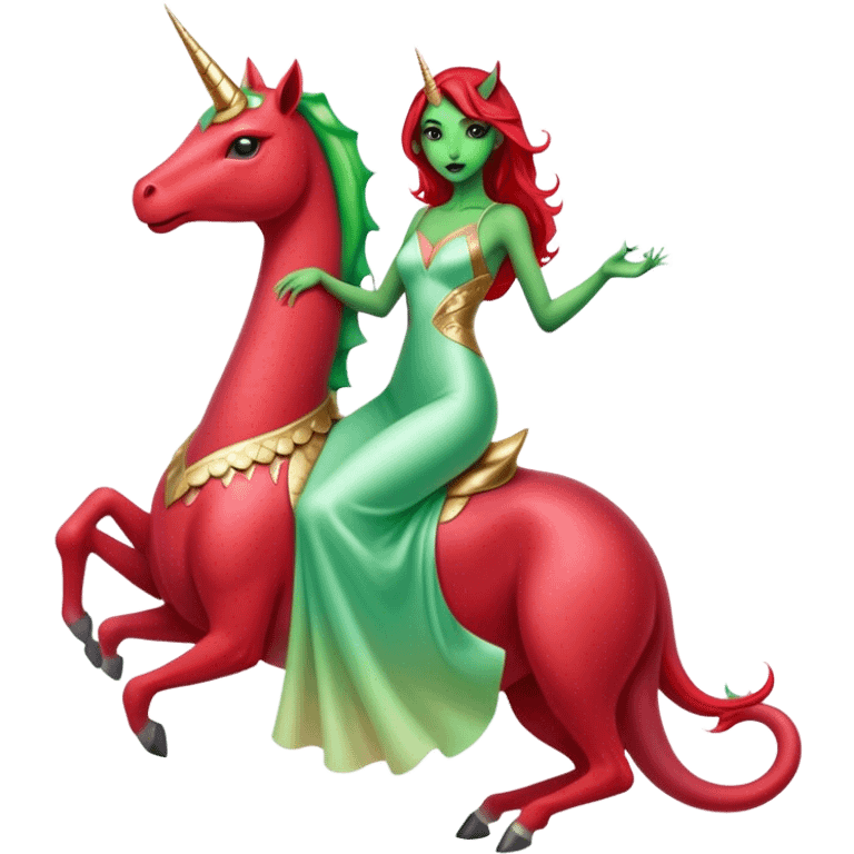 reptilian green alien woman, in long slim pastel red formal party satin dress with gradient shiny sparkling dark red, rides unicorn gold and white
 emoji