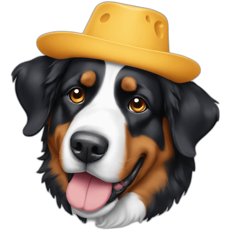 A Bernese mountain dog wearing a cheese head hat emoji