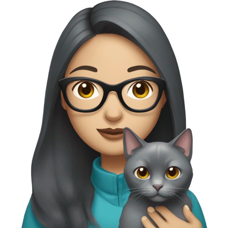 Asian woman holding Russian Blue cat with glasses emoji