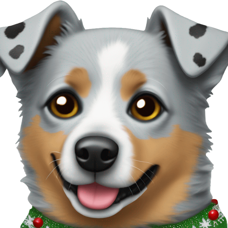 Blue heeler dog with one black spot on left eye in a Christmas sweater emoji