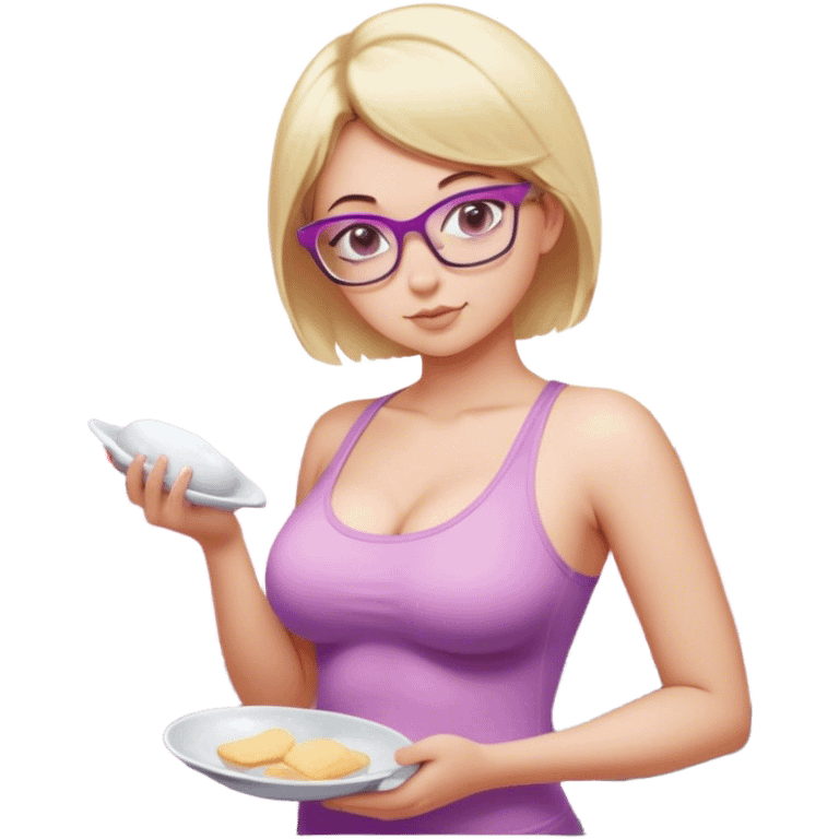 Seductive, Curvy fair skinned woman, short blond hair, small light purple reading glasses, washing dishes, SFW sheer pink tank top, without undergarments showing natural breast shape SFW, black yoga pants, thick booty emoji