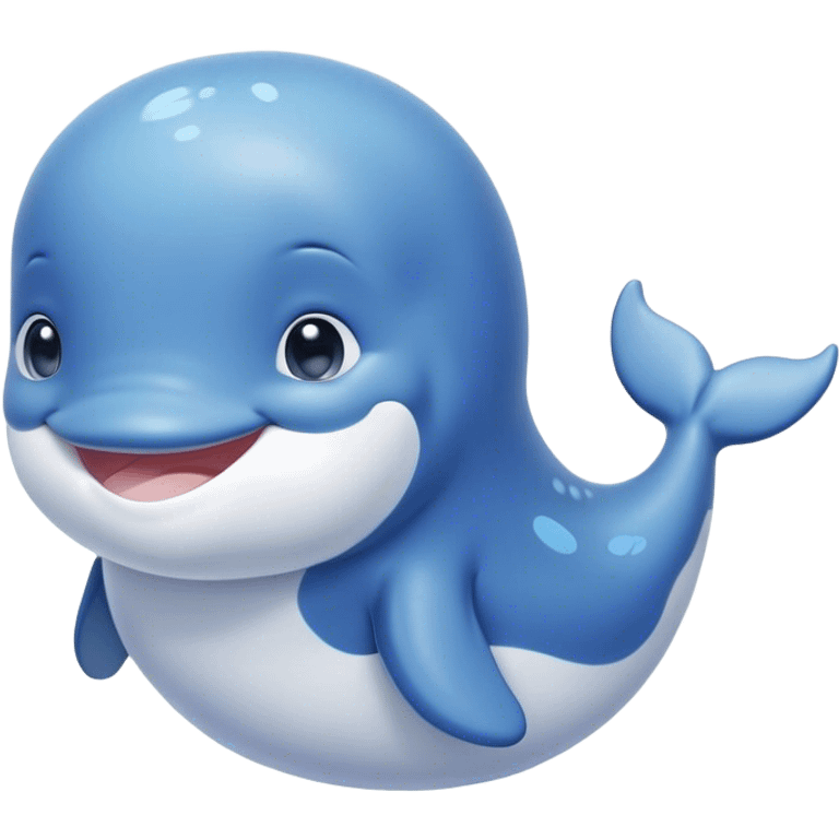 Cinematic happy baby whale, chubby rounded body, tiny smiling face, soft pastel blue hues, gentle glowing waves around, joyful and soothing. emoji