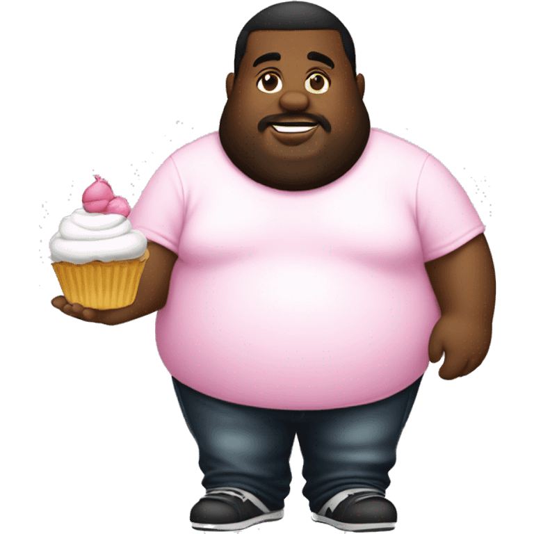 Big and fat man black wearing white t-shirt holding cupcake pink emoji