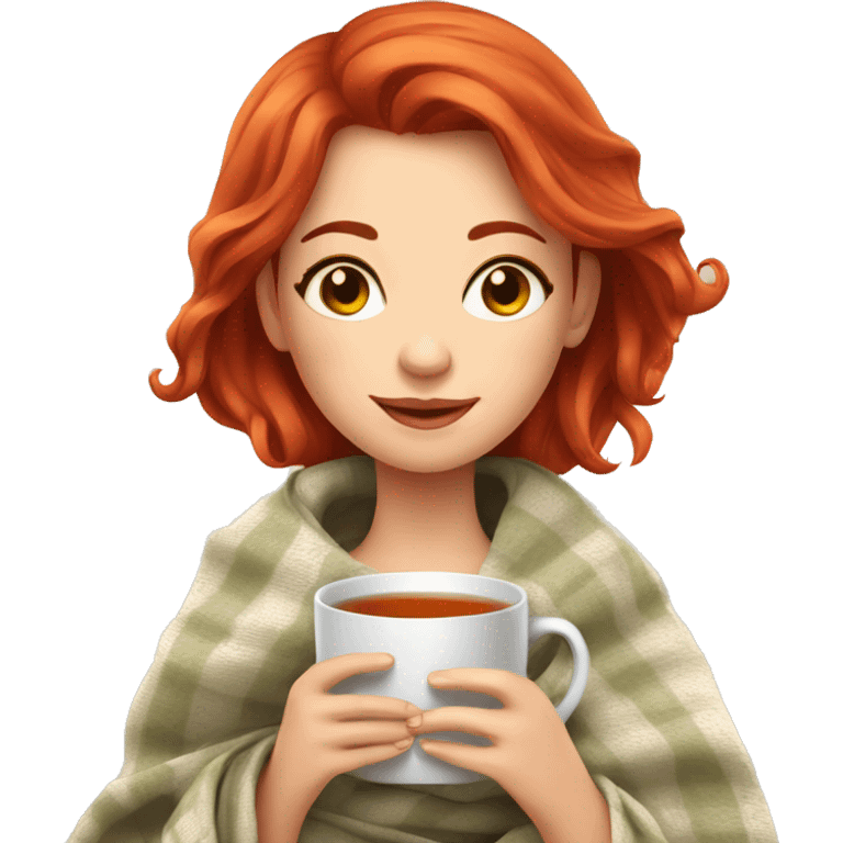 beautiful girl with red hair sits in a blanket and holds a mug of tea emoji