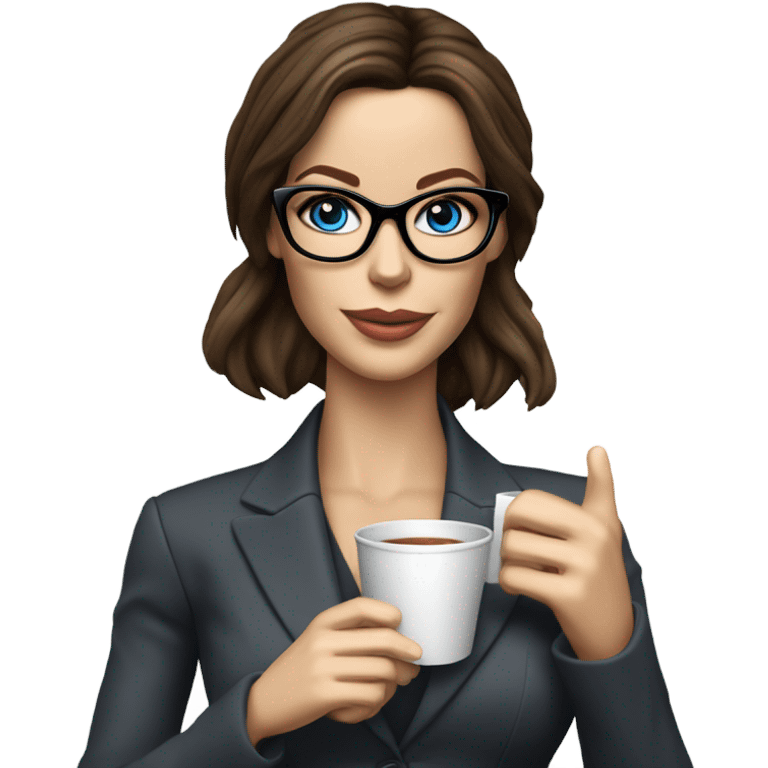 Lifelike model Kate Beckinsale blue eyes wearing glasses in a business dress drinking a cup of tea  emoji