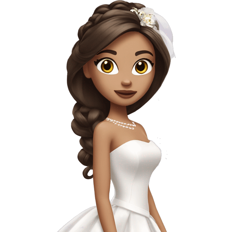 Bratz, bride, brunette half up half down hair, white skin, brown almond cat eyes emoji