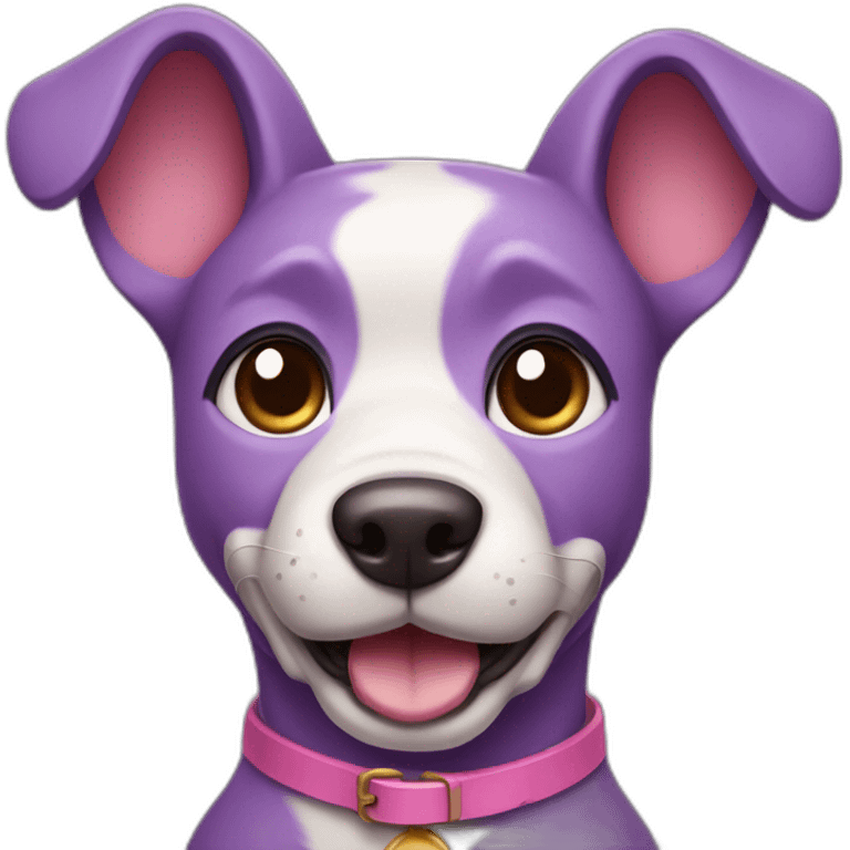 a purple dog with a brown nose and a pink collar with a bone happy  emoji