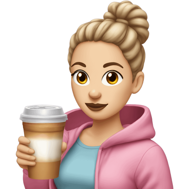 white girl with brown bun in a pink hoodie with iced coffee emoji