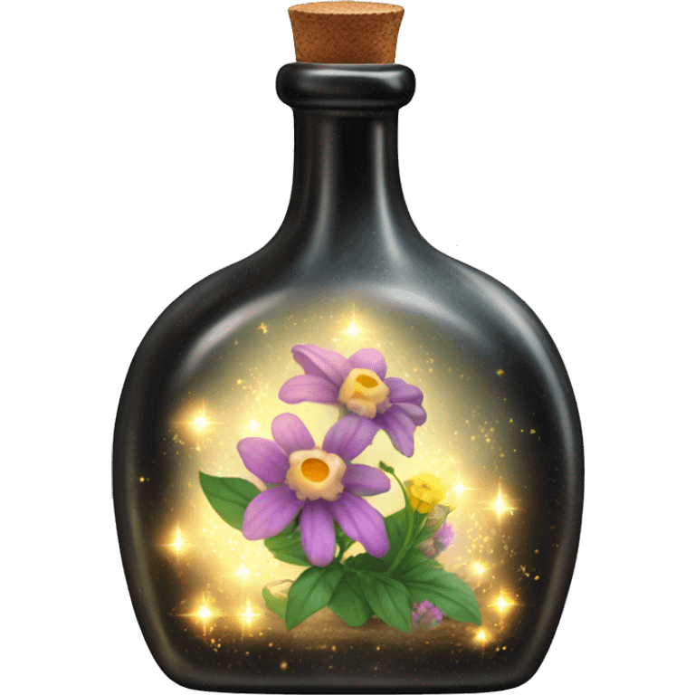 Black magic fairy light sparkling old Antique bottle with poison and with herbal and flowers emoji