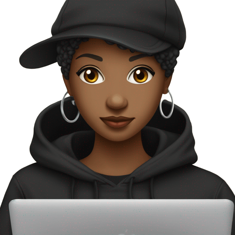 pretty african american girl with black hat and black sweatshirt hoodie pixie cut with laptop emoji