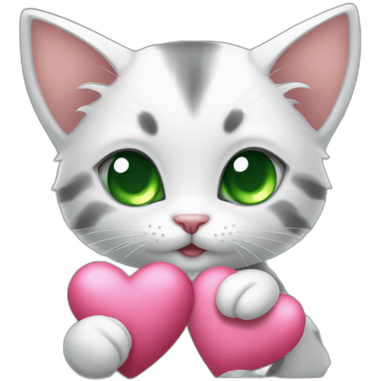 Super cute kitten with green anime eyes holding hearts emoji