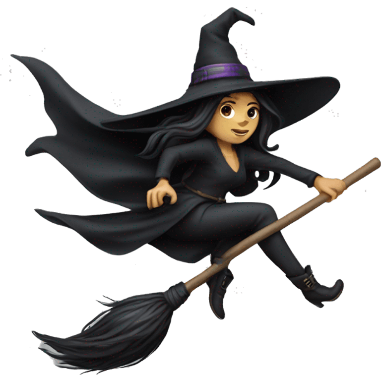 dark long hair witch flying on a broom white skin emoji