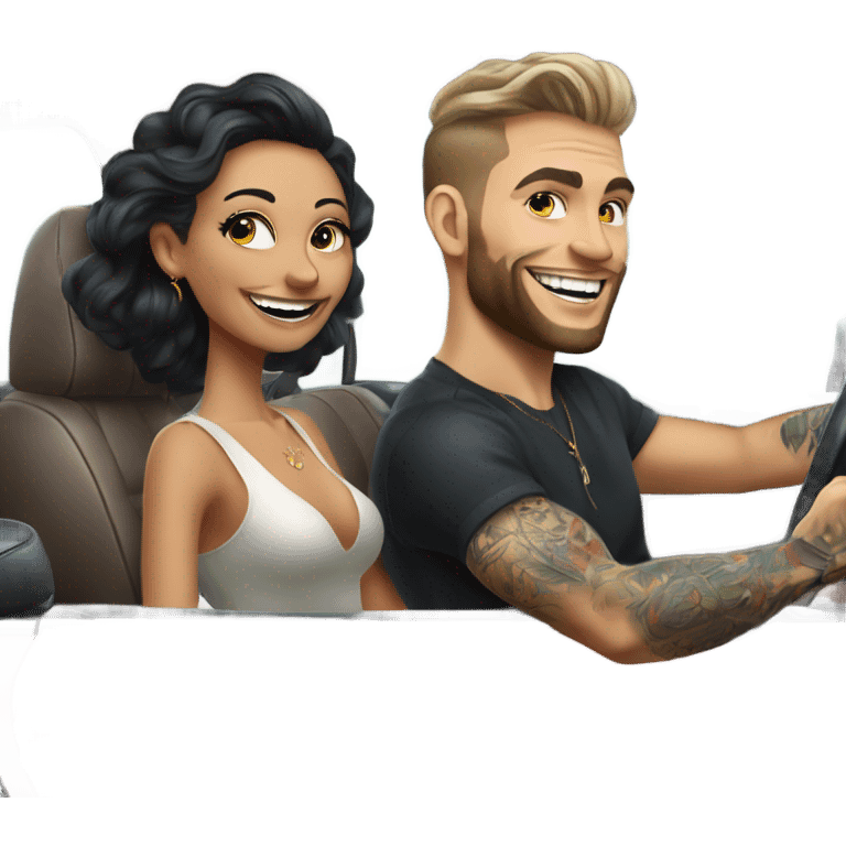 Hyper Realistic beautiful woman and a handsome tattooed man laughing while driving in a fancy car emoji