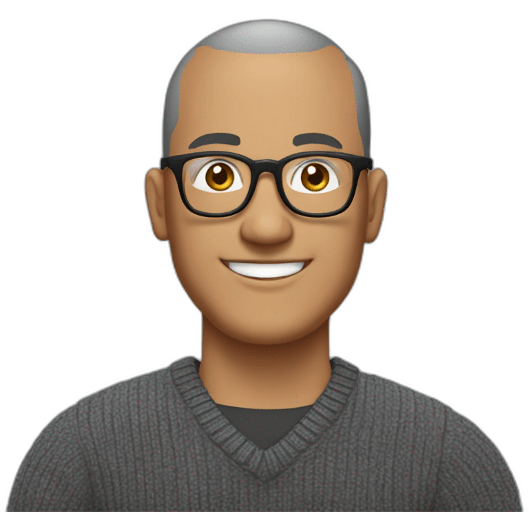 Middle age man with buzz cut salt and pepper hair, thick frame glasses, with a round face and broad smile, wearing a v-neck sweater emoji