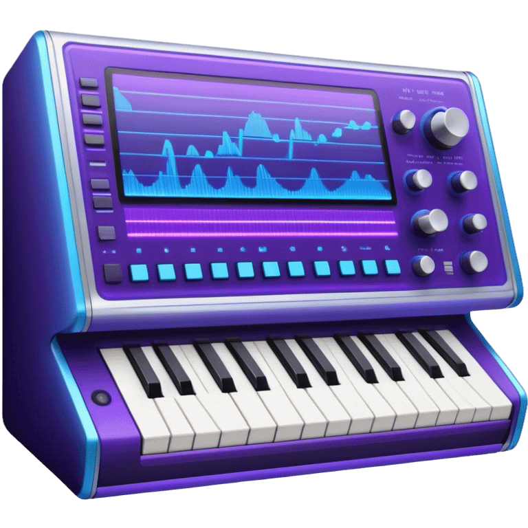 Create a sleek and modern emoji that represents sound design. The design should feature sound waves, a sound mixing console, and a studio synthesizer to symbolize the process of creating and shaping sound. Include elements like a synthesizer or audio effects buttons to highlight the creative tools used in sound design. Use futuristic colors like neon blue, purple, and silver to convey the cutting-edge, experimental nature of sound creation. The background should be transparent. emoji