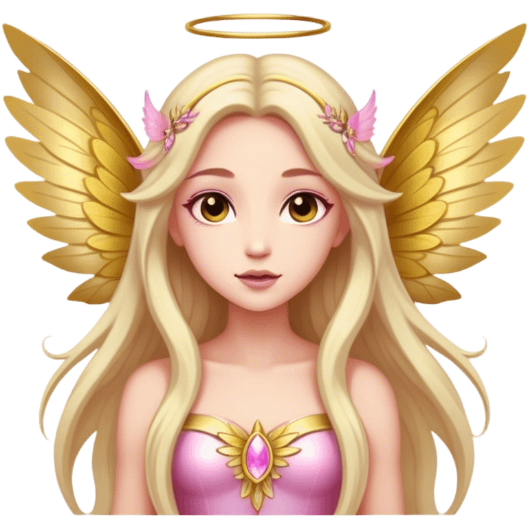 big wings, sun, gold, pink , Beautiful, fairy, long hair emoji