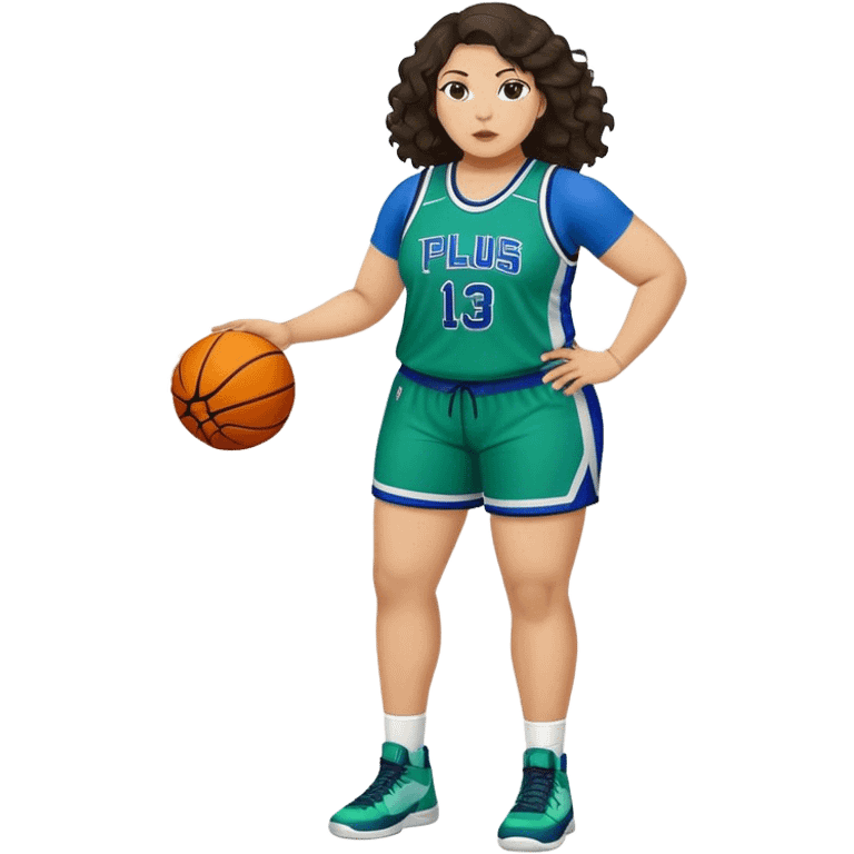 full body plus size light skin latino women basketball player with wavy dark hair wearing blue and green uniform emoji