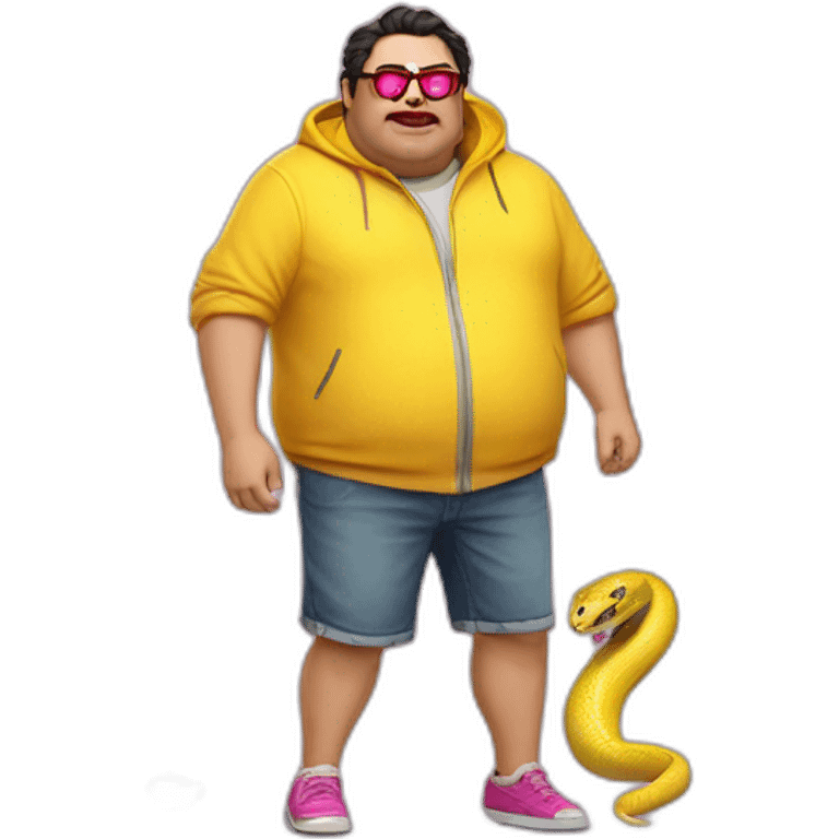 fat man with dark hair,a vibrant long yellow jacket, pink glasses, short jeans shorts. Show full lenght peson, person fighting a snake monster emoji