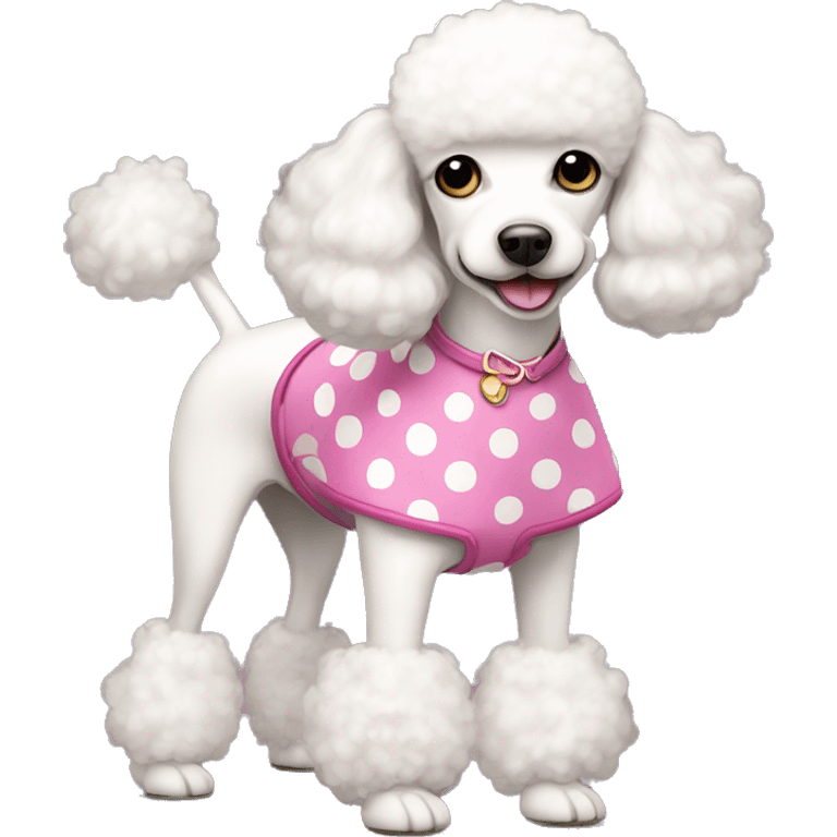 Short white poodle with pink boots and polka dot dress emoji