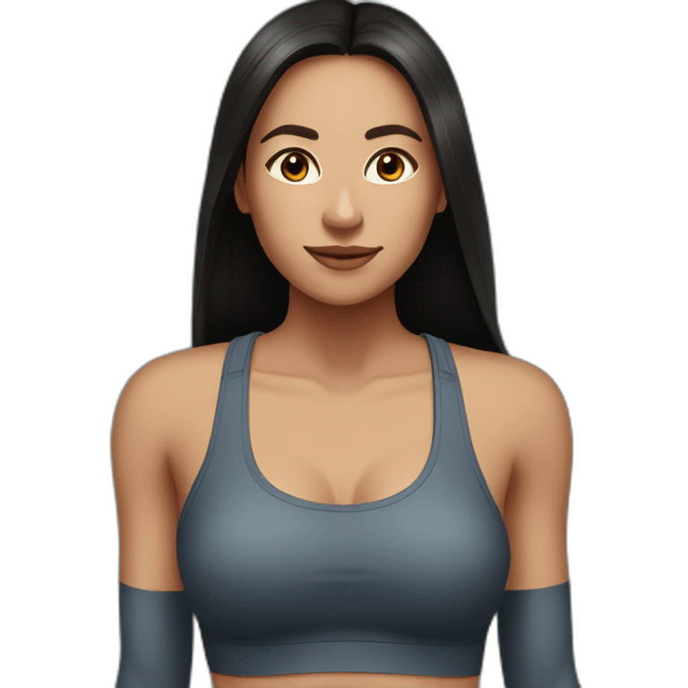 beautiful woman with dark long straight hair and brown eyes in a gym  emoji