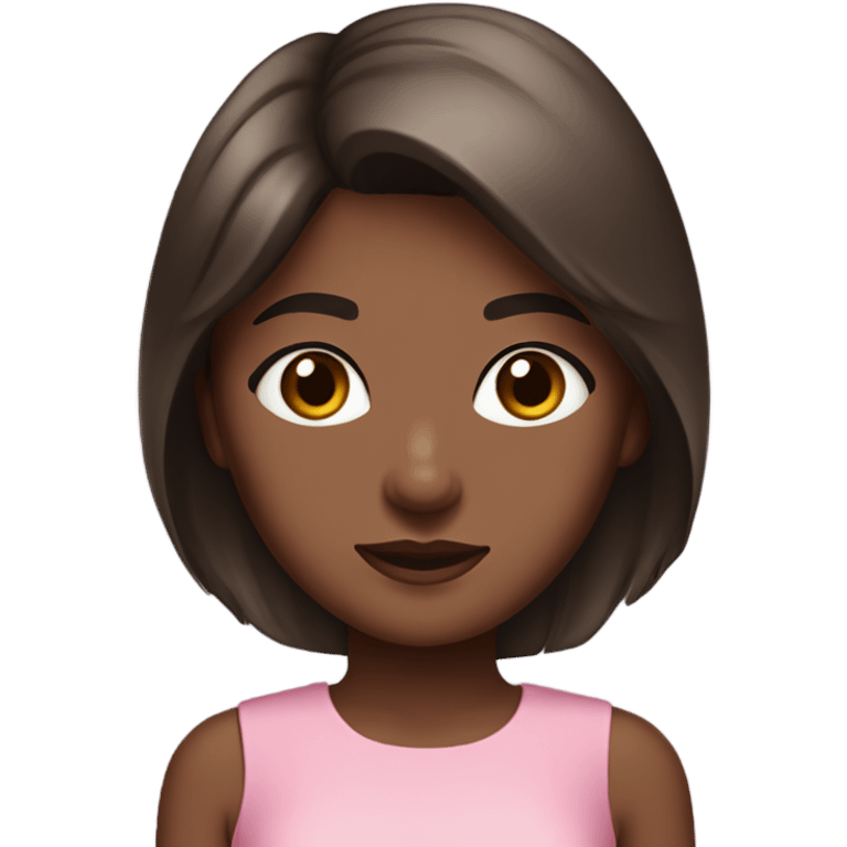 A girl with brown skin and straight dark brown hair, with brown eyes, standing in a pink mini dress emoji