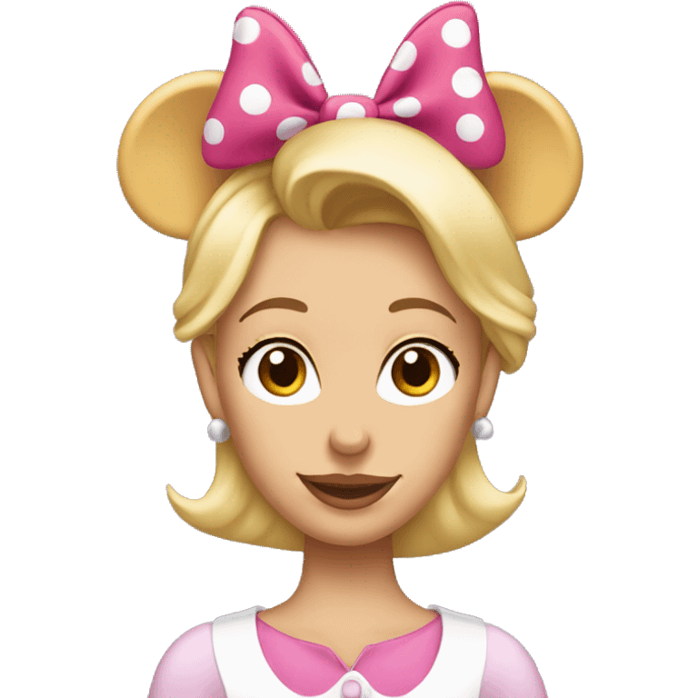 blonde woman with brown eyes wearing minnie mouse ears on hear head.  emoji