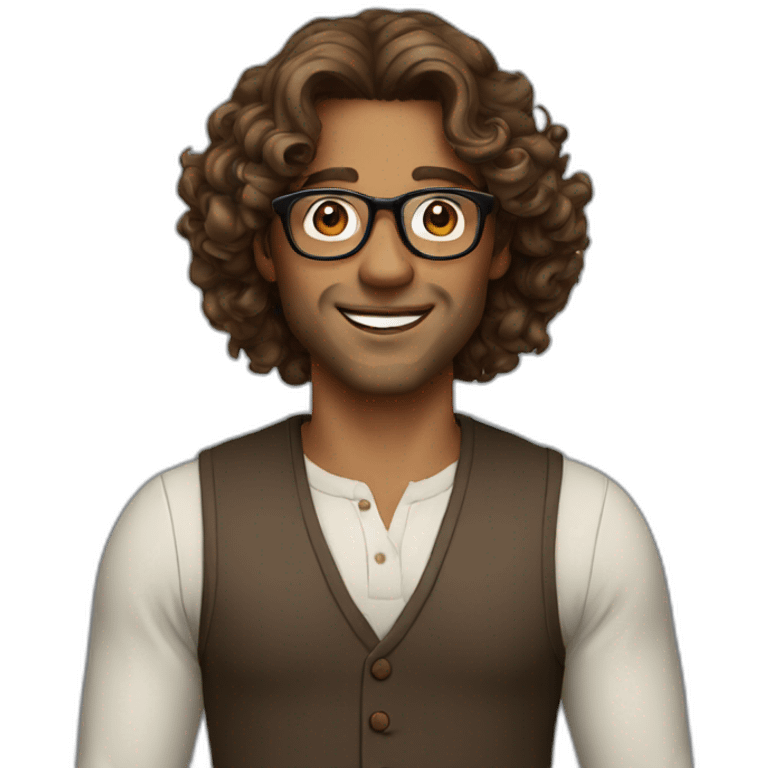 Man 40s round glasses brown long hair curls emoji