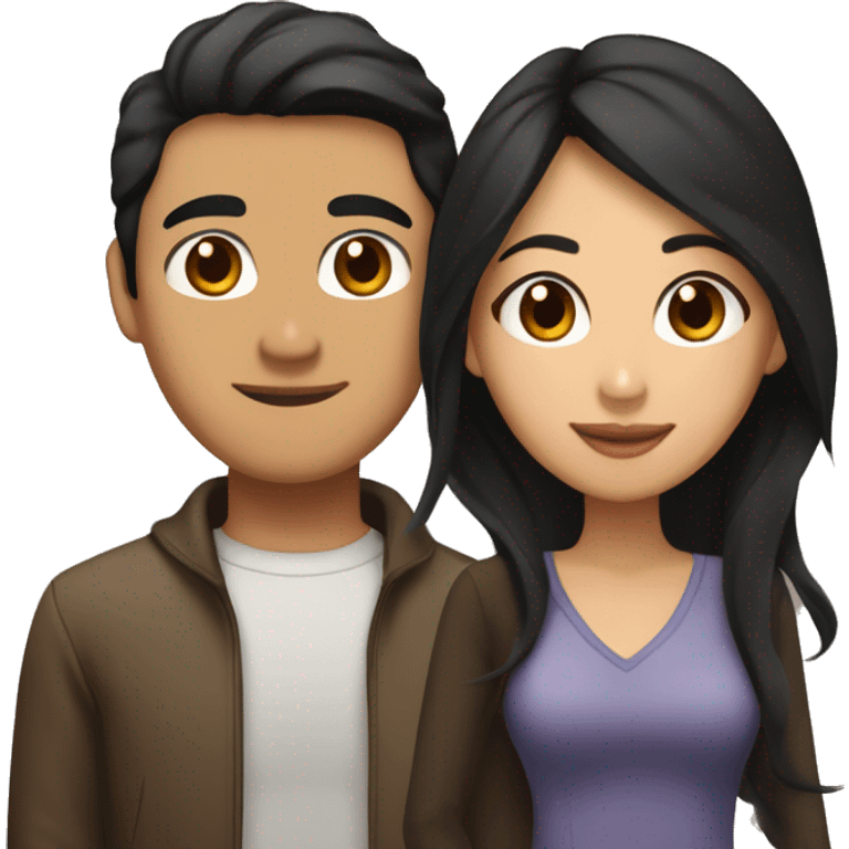 Asian man with brown hair and medium length black hair and Latina woman with long brown highlighted hair  and brown eyes together in love emoji