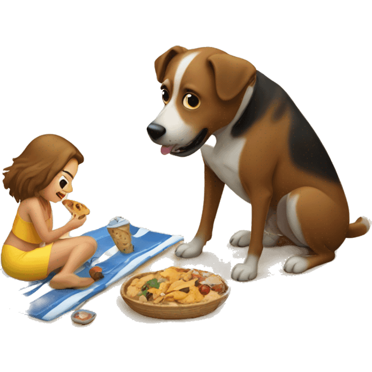 Dog eating on the beach with girl with fat  emoji