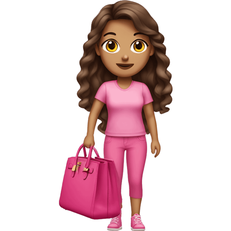 brunette girl wearing pink with a birkin emoji