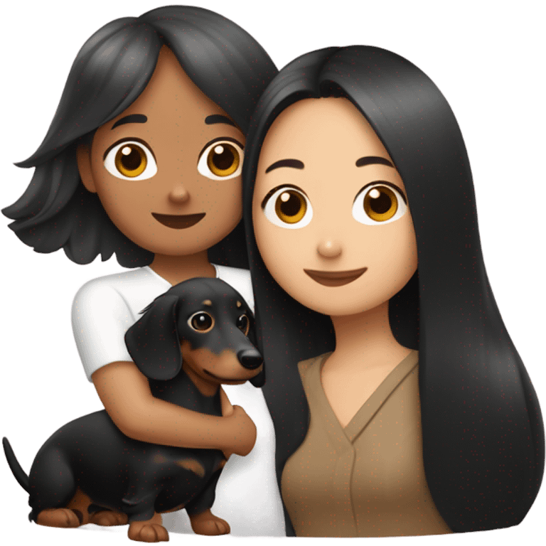 an Asian girl with long hair, hugging a black and tan long haired dachshund with a branch in its mouth emoji