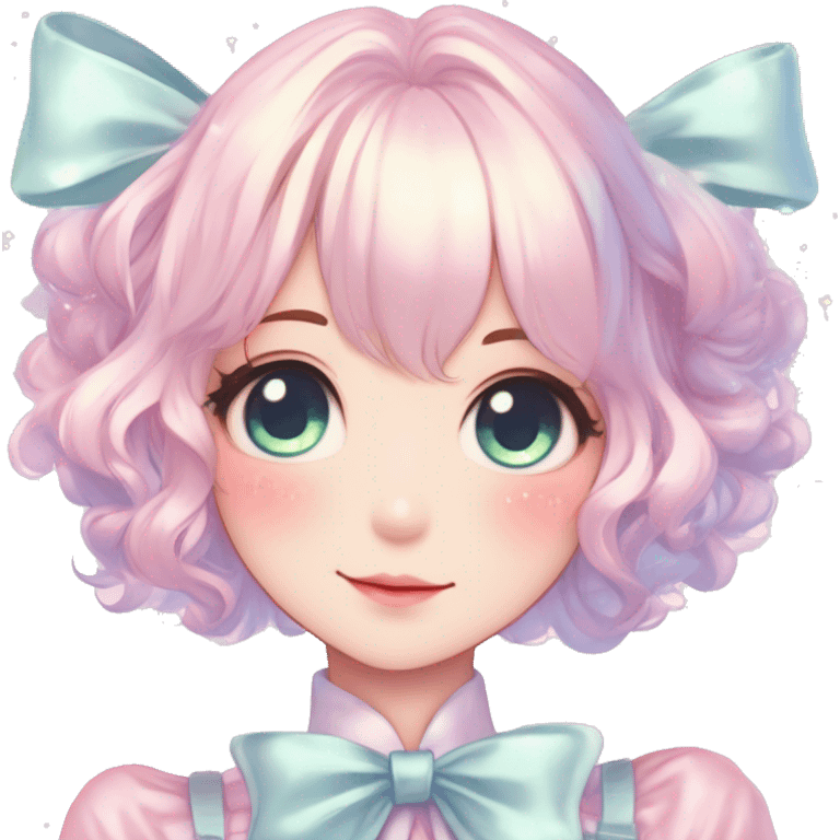 Gorgeous pastel anime style lady with blushing face with sparkly bow tie idol model cottagecore fairycore pastelcore shiny colorful pearly petite simplistic aesthetic trending style emoji