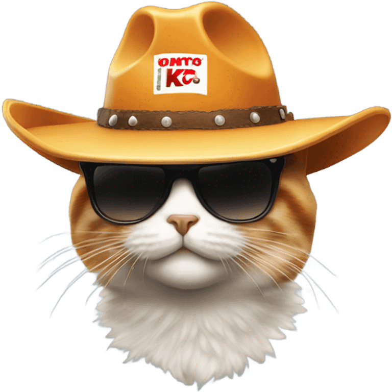 A cat with a cowboy hat, KFC Cool, sunglasses walking away from a fire with a hat emoji