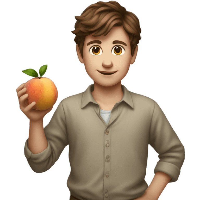 brown haired boy portrait above holding peach emoji